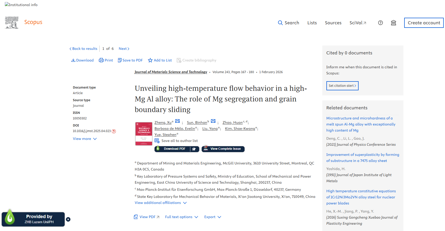 Ansicht Scopus mit Libkey Nomad Symbolen "Download PDF" / "Provided by ZHB Luzern Uni/PH" / "View complete Issue
