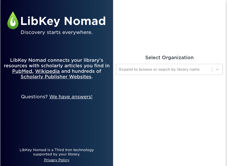 Pop-up Fenster von LibKey Nomad mit leerer Zeile unter "Select Organization" zum Auswählen oder Eintippen der Institution.