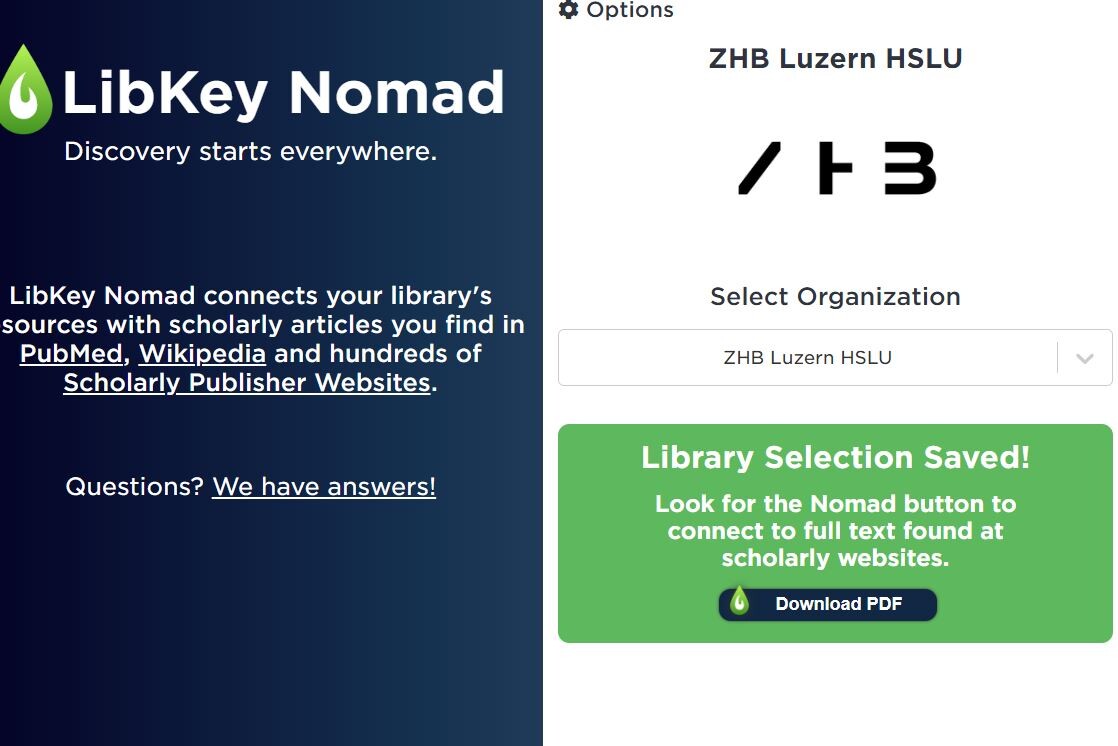 Pop-up Fenster von LibKey Nomad mit ausgefüllter Zeile "ZHB Luzern HSLU" unter "Select Organization" 